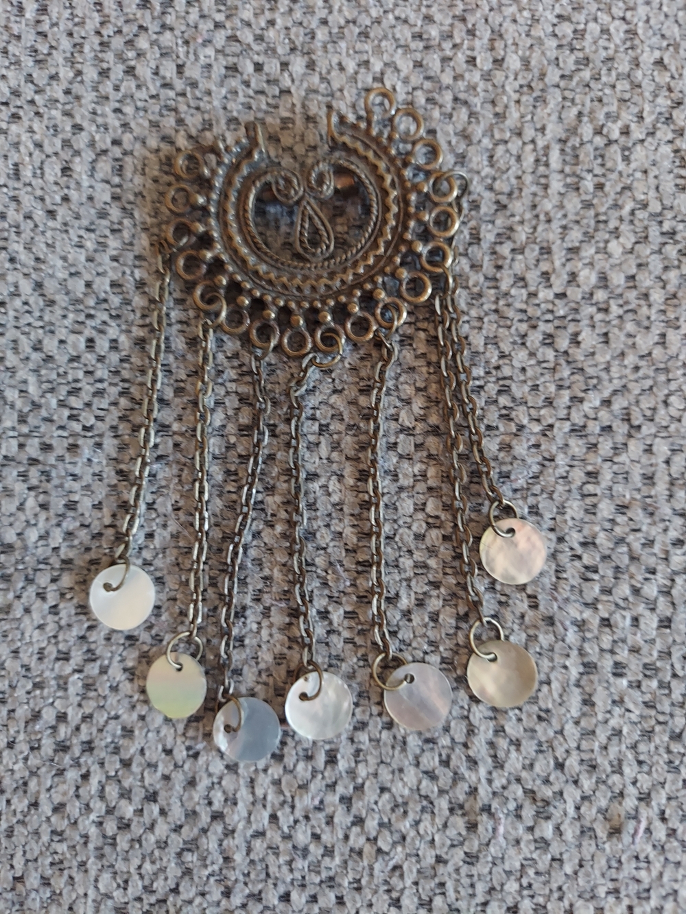 Vintage Boho Brass Tone Dangle Brooch with Shell Discs